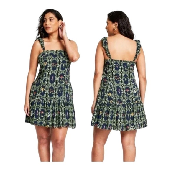 AGUA BENDITA x Target Navy Blue Green Floral Ruffle Sleeve Tiered Mini Dress L - Picture 1 of 11